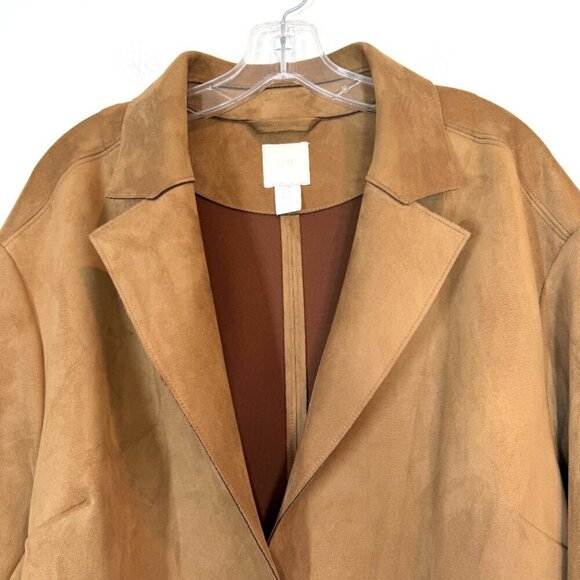 H&M Trench Long Coat Jacket Tan Brown Faux Suede Oversized XL - Picture 3 of 8